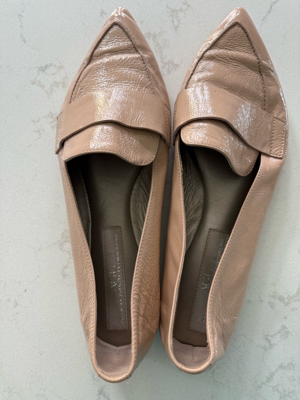 AGL Leather Pointed Toe Loafers in Blush Beige, size 40